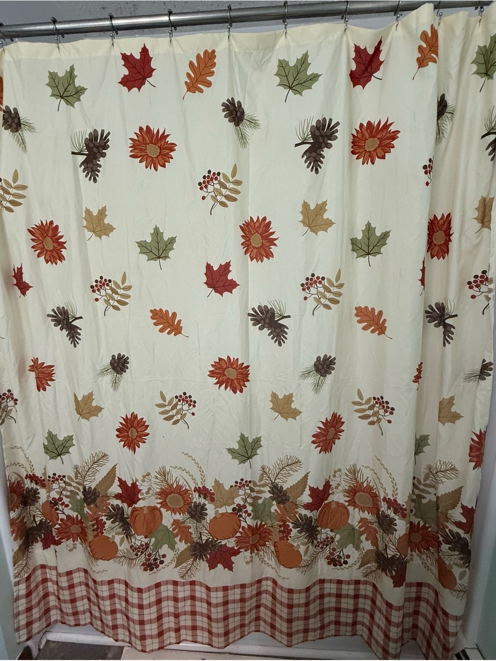 Autumn Harvest Leaf & Pumpkin Shower Curtain - Cream and Orange